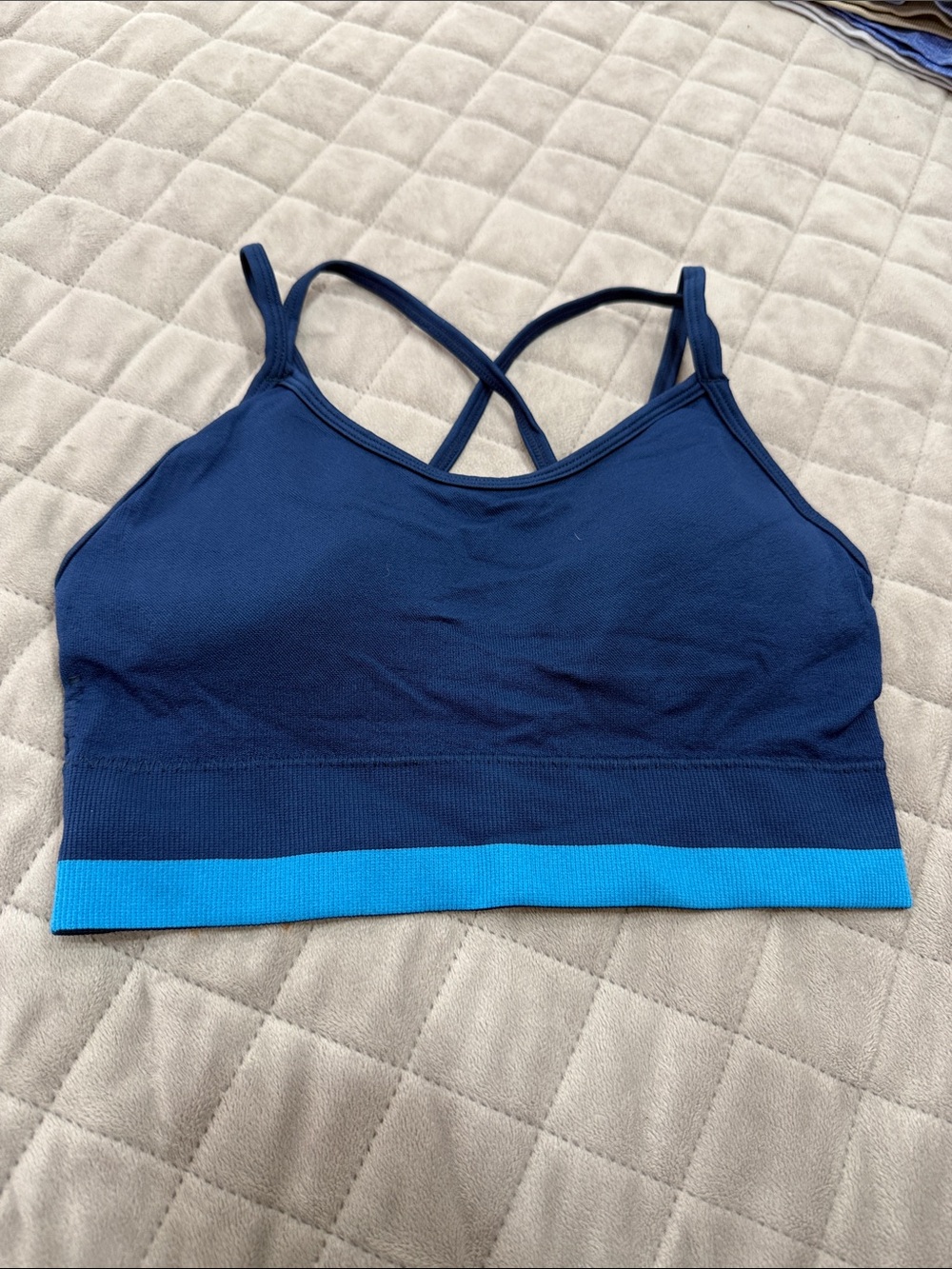 Navy Blue Seamless Strappy Sports Bralette with Aqua Band
